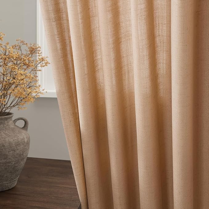 Nanspring Camel Linen Curtains for Living Room 92 Inches Long Back Tab and Rod Pocket Light Filtering Semi Sheer Vintage Rustic Curtain Luxury Boho Decor Drapes for Bedroom Office 52x92, 2 Panels
