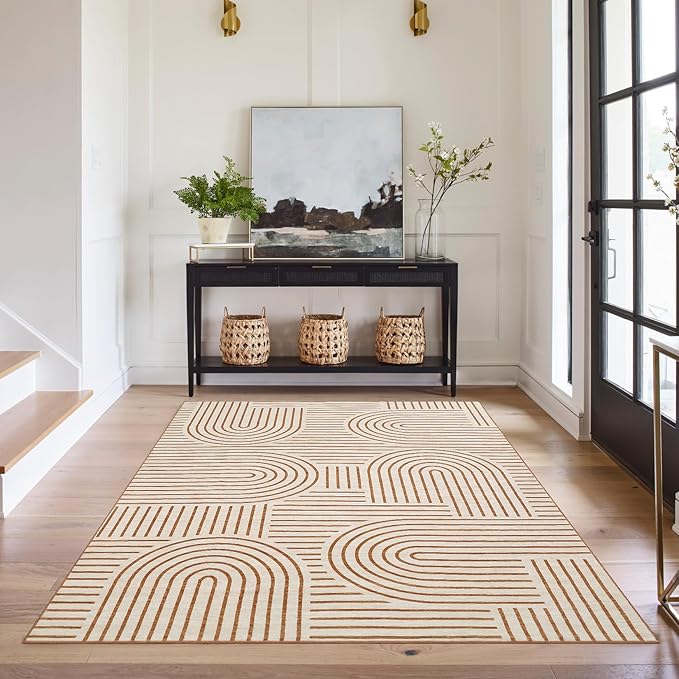 ROYHOME Washable Rug 8x10 Area Rugs for Living Room, Abstract Rug for Bedroom, Soft Rainbow Non Slip Throw Rugs with Rubber, Low Pile Stain Resistant Boho Geometric Carpet for Dining Room, Orange