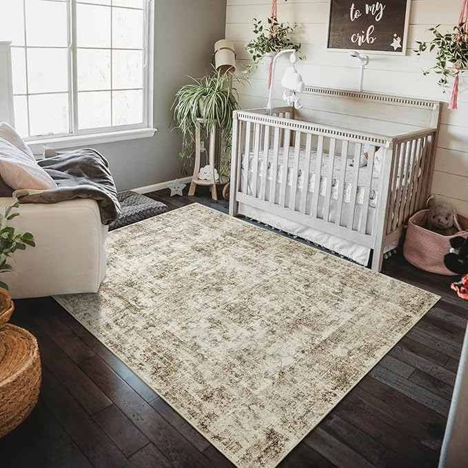 HOMORE Washable Area Rug 5x7 Beige Living Room Rug, Modern Abstract Rugs for Bedroom Non Slip Rugs for Kids Nursery Room Vintage Carpet for Farmhouse,Dorm,Classroom,Apartment