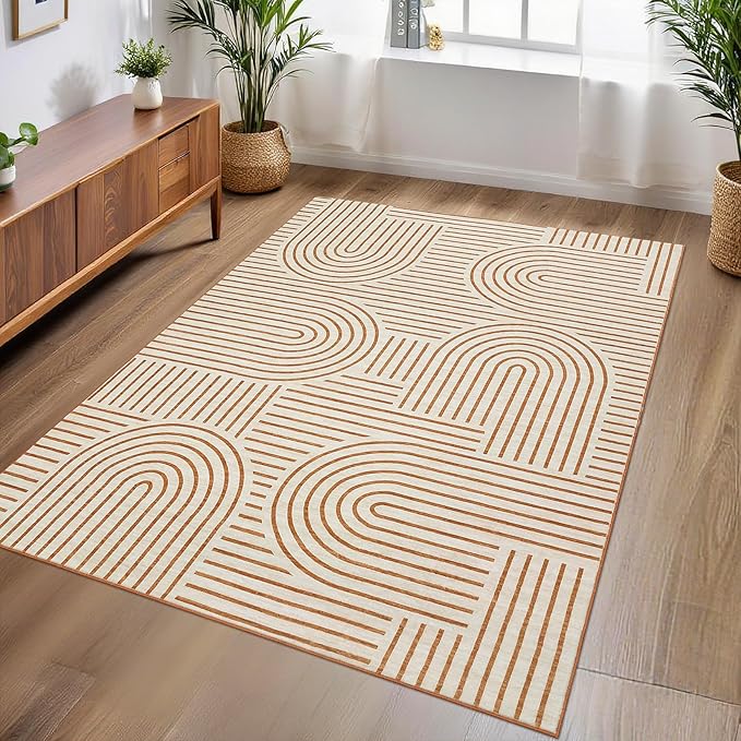 ROYHOME Washable Rug 3x5 Area Rugs for Living Room, Abstract Rug for Bedroom, Soft Rainbow Non Slip Throw Rugs with Rubber Back, Low Pile Stain Resistant Boho Geometric Carpet for Dining Room, Orange