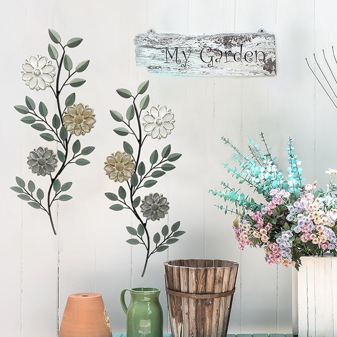 MorningRo 2 Pcs Metal Flower Leaves Wall Art Spring Wall Decor Living Room, 15.75 Inch Vintage Rustic Branch Leaf Wrought Iron Scroll Art Decor for Spring Bedroom Indoor Outdoor Decorations(Green)