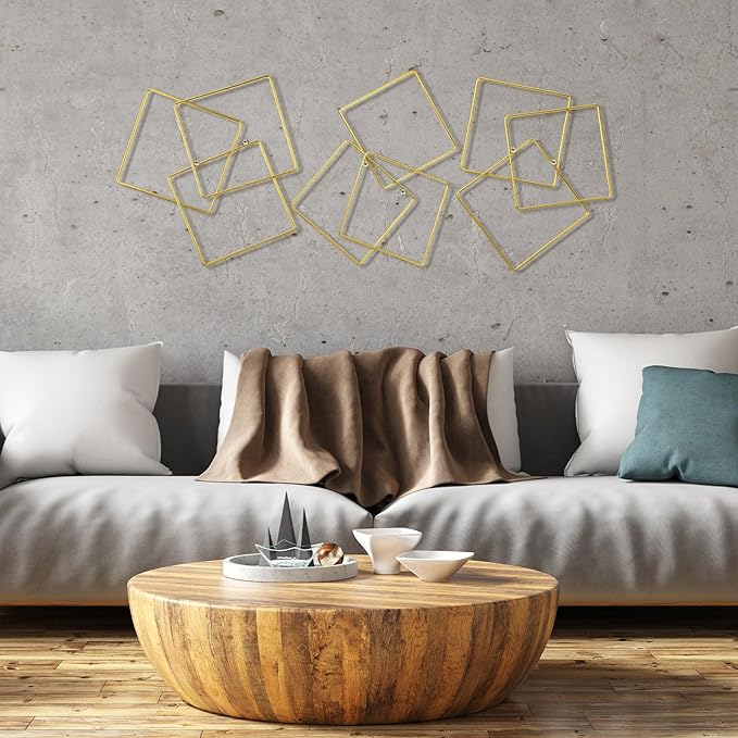 Hicarer 3 Pcs Interlocking Rings Wall Sculpture Gold Metal Home Wall Decor Abstract Aesthetic Gold Decoration for Art Bedroom Living Room Bathroom Home(Square)