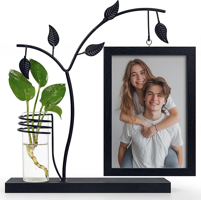 Sapowerntus 5x7 Picture Frames Black Family Desk Office Modern Photo Frame, Water Plants Flowers Floating Double Glass Vase Tabletop Standing Home Decor, Wedding Grandma Mother Mom Gift