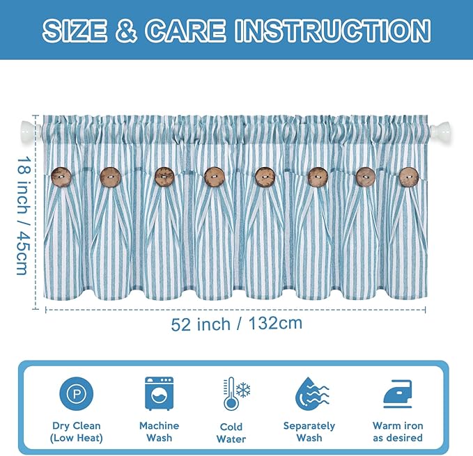 ASPMIZ Farmhouse Cotton Linen Valances for Windows, Blue Striped Kitchen Curtains Valances with Rustic Buttons, Boho Window Valance for Living Room, Valance Curtains for Bathroom, 52 x 18 Inches