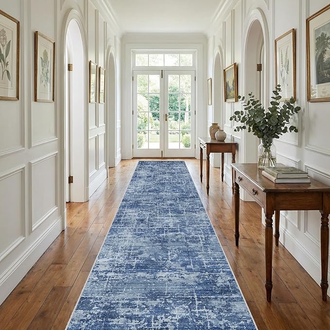 2x12 Washable Hallway Runner Rug - Modern Abstract Neutral Long Carpet with Non-Slip Backing Low-Pile Stain-Resistant Thin Runners for Kitchen Bathroom Bedroom Entryway (2x12, Blue)