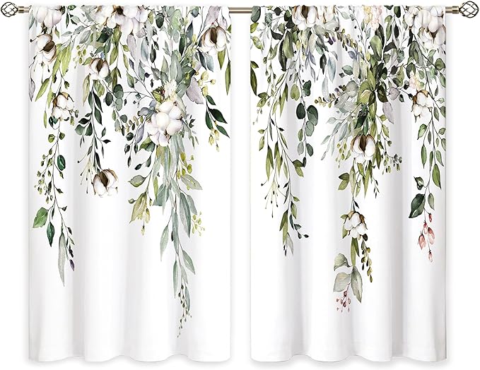 Eucalyptus Botanical Leaves Cotton Farmhouse Floral Small Kitchen Curtains Flower Treatment Wildflower Plant Cafe Short Window Curtains for Bathroom Room Tier Treatment Drapes 26x36 inch