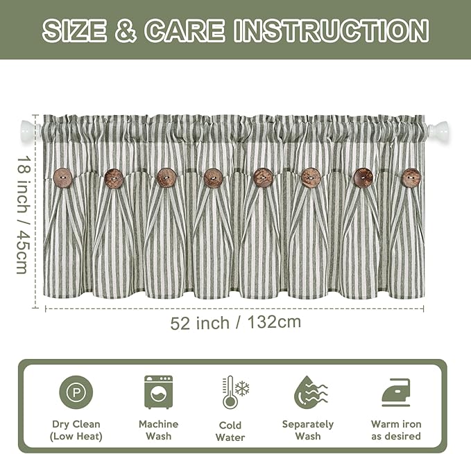 ASPMIZ Farmhouse Valances for Windows, Cotton Linen Kitchen Curtains Valances with Rustic Buttons, Green Striped Window Valance for Living Room, Boho Valance Curtains for Bathroom, 52 x 18 Inches