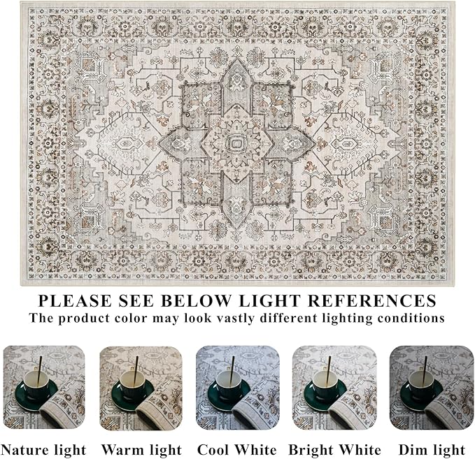 Living Room 4round Area Rug - Boho Rugs for Living Room Bedroom Stain Resistant Carpet Vintage Tribal Rugs for Kitchen Playroom with Non Slip Backing Home Decor Floor Mat for Bathroom 4ft Ivory
