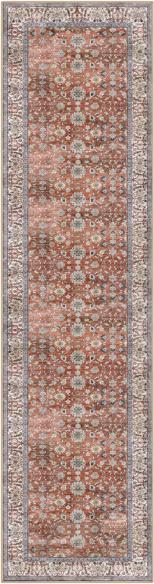 KUTA Vintage Washable Runner Rug, 2.6x10 Red Clay Runners for Hallways Non-Slip Kitchen Rugs Ultra Thin Soft Printed Distressed Oriental Floral Floor Carpet for Laundry Bedroom Living Room Nursery