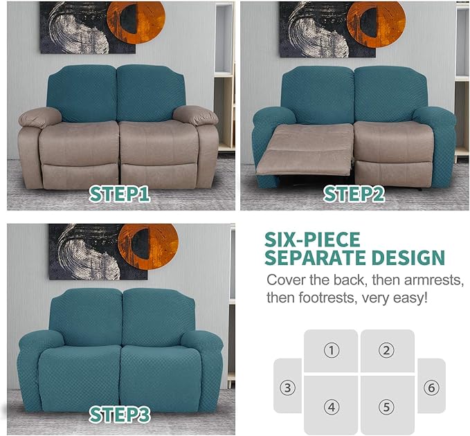YEMYHOM 6 Pieces Stretch Loveseat Recliner Slipcover Jacquard Recliner Sofa Cover with Side Pocket Fitted Recliner Cover Couch Furniture Protector with Elastic Bottom (Medium, Peacock Blue)