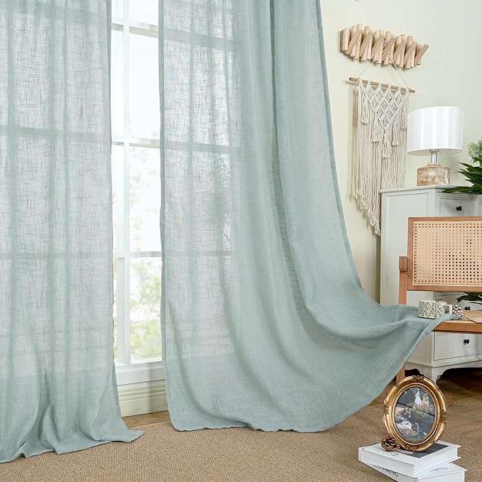 LAMIT Greyish Blue Linen Curtains 45 Inches Long for Bedroom, Light Filtering Panels Back Tab and Rod Pocket Neutral Drapes for Kitchen/Window/Loft Room, 52 x 45 Inch, 2 Panels