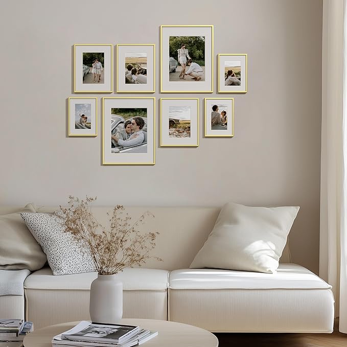eletecpro Aluminum Gallery Wall Frame Set of 8, Including 2Pcs 11x14, 3Pcs 8x10, 3Pcs 6x8 Photo Frames for Wall or Tabletop Display, Multiple Sizes Picture Frames Collage Wall Decor, Gold