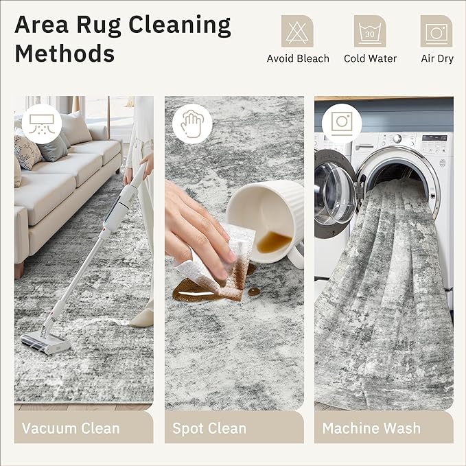 Soalmost Abstract Rug 5x7 Machine Washable Area Indoor Grey White Low Pile Non-Slip Foldable Thin Accent Rugs for Bedroom Living Room Dining Room