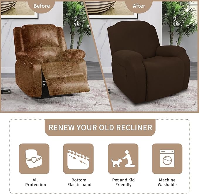 JIVINER 4-Piece Recliner Chair Covers Stretch Jacquard Chair Covers for Reclining Chair Recliner Slipcovers for Living Room Soft Recliner Protector with Pocket (Recliner,Dark Coffee)