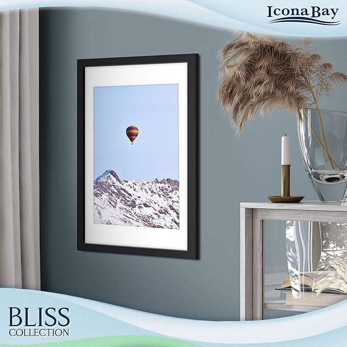 Icona Bay - 12x16 Black Picture Frame Fits 11x15 Photos with Mat to 9x12 Image - Modern Style Engineered Wood Poster Frame - Wall Mount Only - Bliss Collection