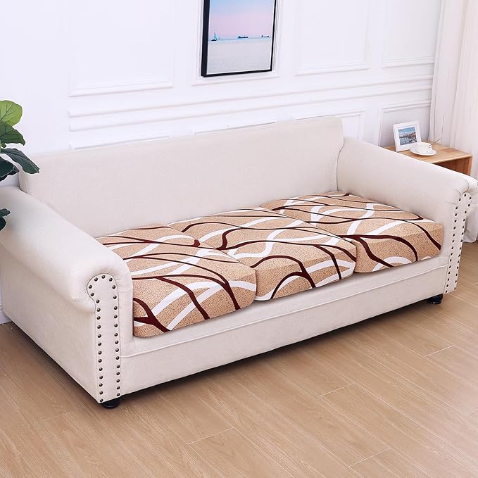 hyha Printed Couch Cushion Covers, Floral Sofa Covers Washable for 3 Cushion Couch, Stretch Pattern Outdoor Cushion Covers for Patio Furniture with Elastic Bottom(3 Packs, Sand Wavy)