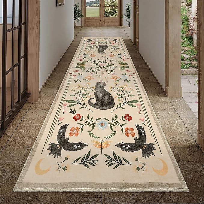 GarveeHome 2.5x8 Cat Washable Runner Rug for Hallway, Soft Beige Long Kitchen Runner Non Slip Mushroom Insect Entryway Rug Floral Laundry Mat Stain Resistant Carpet for Bathroom Beside Rug