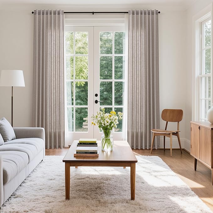 Nanspring Brownish Grey Linen Curtains for Living Room 112 Inches Long Back Tab Light Filtering Semi Sheer Curtain Modern Farmhouse Decor for Bedroom Office Luxury Textured Drapes 52x112, 2 Panels