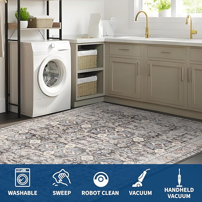 GarveeHome Vintage Floral Area Rug 8x10 Large Soft Washable Rugs for Living Room, Ultra-Soft Retro Distressed Neutral Carpet, Low Pile Non Slip Oriental Floor Mats for Bedroom, Beige Brown