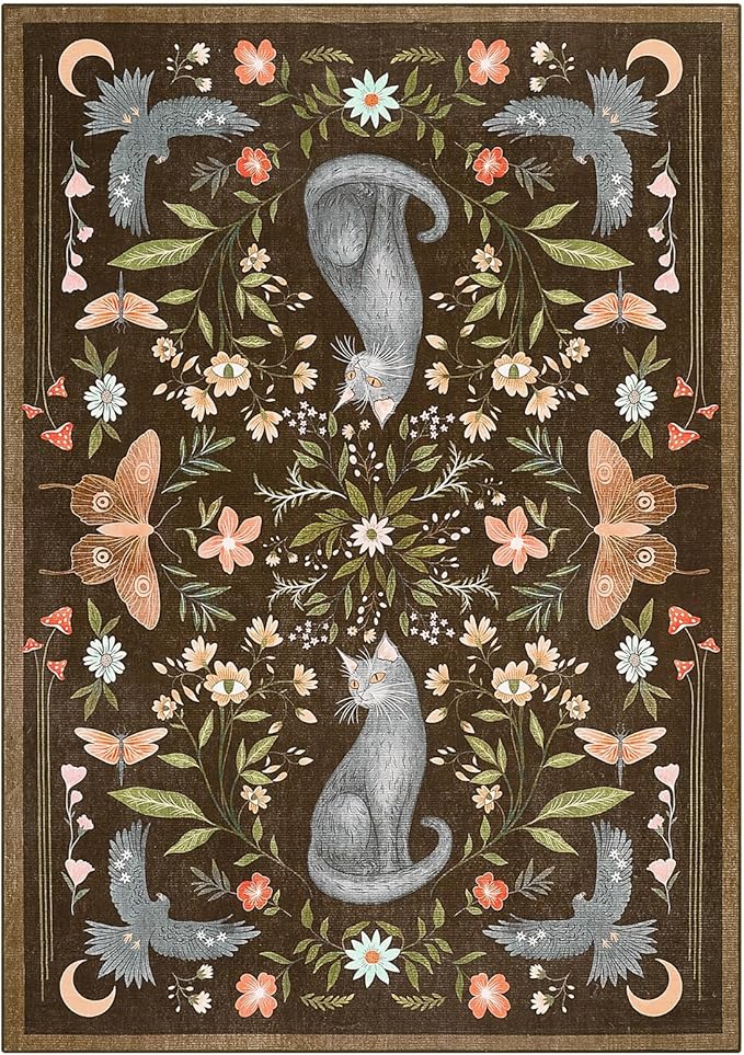 GarveeHome 4x6 Cat Washable Area Rug for Nursery Room, Mushroom Floral Brown Bedroom Rug Non Slip Low Pile Butterfly Carpet Stain Resistant Throw Rug for Dorm Kids Room Office Dining Room