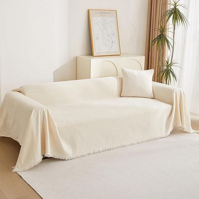 MYSKY HOME Couch Cover 3 Cushion Sofa with Tassel, Chenille Sofa Covers Couch Covers, Slipcovers for Sectional l Shaped Dogs Protector Furniture Covers, 91" X150", Beige