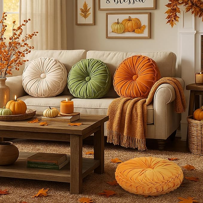 Drydiet 4 Pcs Round Throw Velvet Pillows Decorative Pleated Throw Pillows 15'' Diameter Accent Pumpkin Boho Chair Cushion for Couch Sofa Home Decoration (Fall Color)