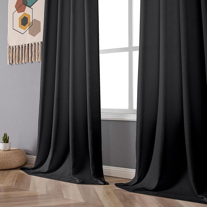 Chyhomenyc Black Curtains 96 Inch Length 2 Panels, Faux Linen Textured Semi Sheer Light Filtering Airy Soft Privacy Farmhouse Curtain Drapes for Living Room Bedroom, Each 40" Wx96 L