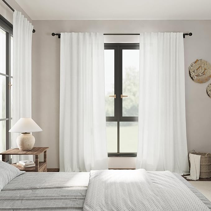 Ivory Linen Curtains 90 Inches Long for Living Room Back Tab Rod Pocket Semi Sheer Light Filtering Neutral Solid Drapes Modern Rustic Farmhouse Decor Curtains for Dining Room 2 Panels Set 40x90