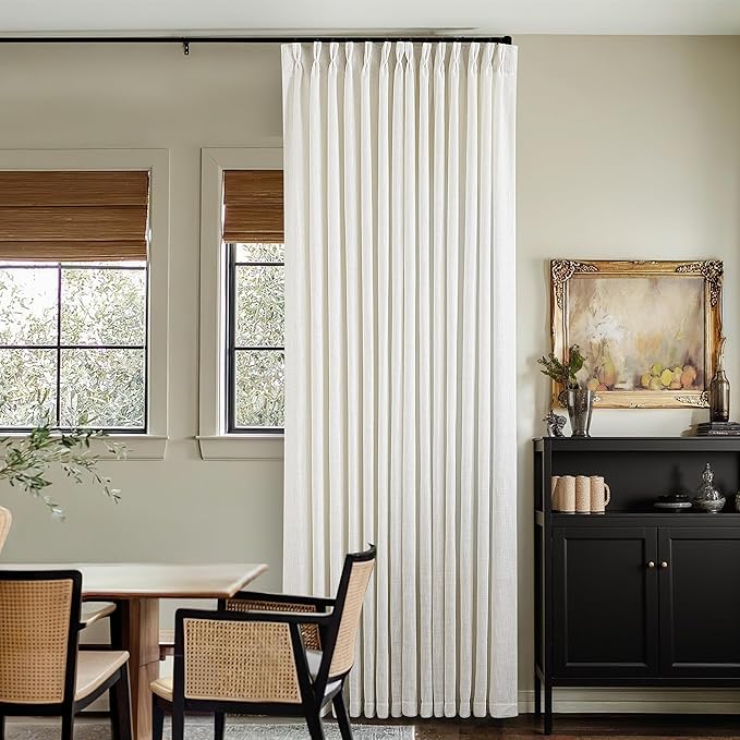Extra Wide 60 Inch Width Pinch Pleated Curtains 90 Inch Length for Living Room Thick Linen Boho Curtain Memory Shape Light Filtering Privacy for Bedroom Large Windows Hooks Rings Cream 1 Panel 60x90