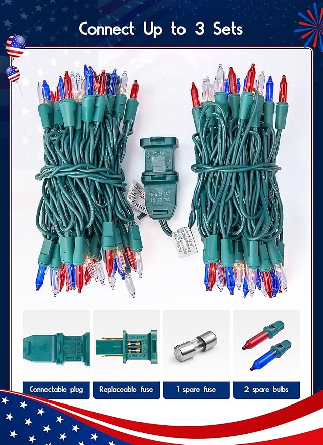 4th of July Decoration Patriotic Mini String Lights - 200 Count 40 Feet Red White Blue Christmas Lights Green Wire Waterproof for Indoor Outdoor Xmas Holiday Party Patio Independence Day Decoration