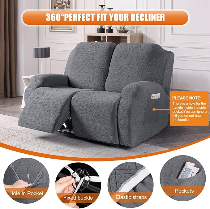 VANSOFY Oversized Recliner Cover, 2-Pieces Stretch Reclining Couch Cover with Pockets Loveseat Sofa Slipcovers Soft Washable Furniture Protector for Dogs Cats(Dark Gray)