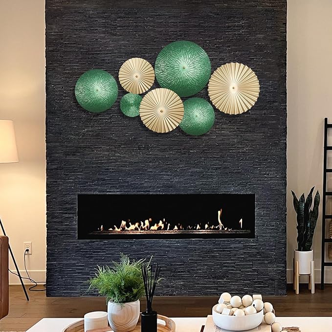 TEIPAI Emerald Green and Gold Wall Decor for Living Room, 7PCS Modern Metal Wall Art Hanging Sculptures for Office Bedroom Decoration, Brass Gold Home Decor for Gallery Wall Guest Room Bathroom
