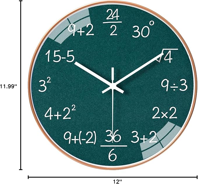 12 Inch Math Wall Clock Silent Non Ticking Movement Quality Quartz Wall Clock for Office Classroom/School/Home/Kitchen/Living Room Wall Decorations (Blue)