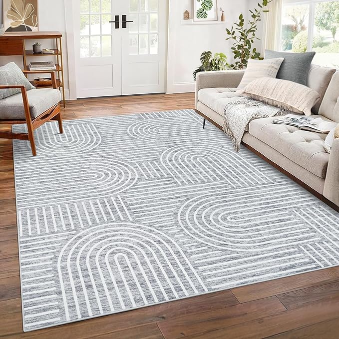 ROYHOME Washable Rug 6x9 Area Rugs for Living Room, Abstract Rug for Bedroom, Soft Rainbow Non Slip Throw Rugs with Rubber Back, Low Pile Stain Resistant Boho Geometric Carpet for Dining Room, Ash