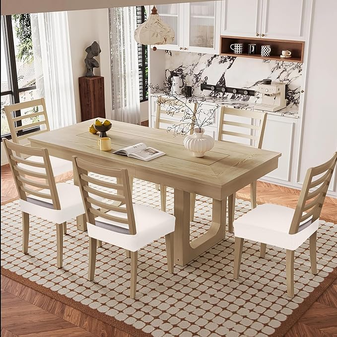 Smiry Waterproof Seat Covers for Dining Room Chairs Set of 6, Stretch Jacquard Removable Washable Chair Seat Slipcovers Protector, No Rear Covers, Ivory