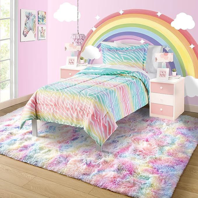 Noahas 5x8 Fluffy Rainbow Rug for Girls Bedroom,Kids Room Rug,Shaggy Area Rugs for Living Room,Fuzzy Colorful Playroom Nursery Rugs Room Decor