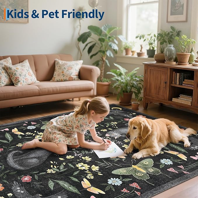 GarveeHome 4x6 Cat Washable Area Rug for Nursery Room, Mushroom Floral Black Bedroom Rug Non Slip Low Pile Butterfly Carpet Stain Resistant Throw Rug for Dorm Kids Room Office Dining Room