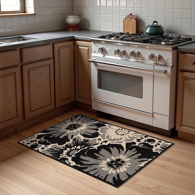 Findosom Washable Runner Rug 2x3, Non Slip High-Low Textured Floral Small Entryway Rug with Rubber Backing, Boho Carpet Runner for Indoor Door Mat, Kitchen, Bedroom, Laundry, Black & Beige