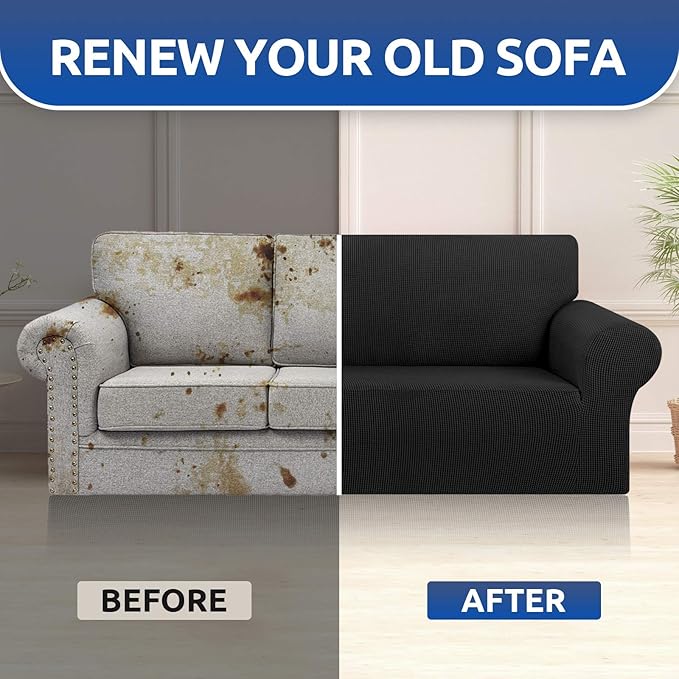 KEKUOU Stretch Sofa Cover Slipcover ???Couch Covers for 3 Cushion Couch Sofa pet Friendly (78"-94") Furniture Protector Sofa with Elastic Bottom for Kids,Dog, Jacquard Small Checked(Large,Black)