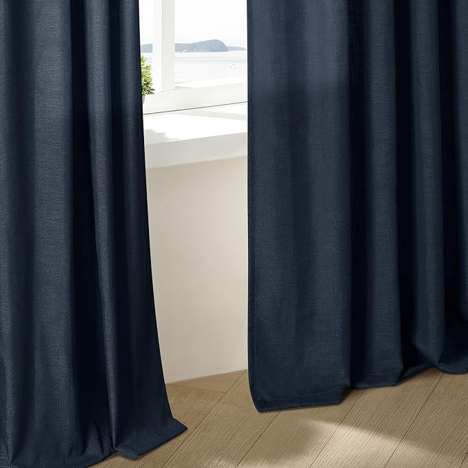 Pinch Pleated Navy Linen Curtains 84 Inches Long 2 Panels Set for Living Room Dining Pinch Pleat Back Tab Light Filtering Farmhouse Boho Retro Window Curtain Drapes 84 Inch Length Dark Blue Indigo