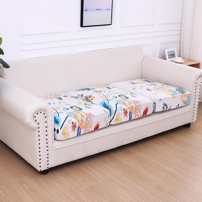 hyha Printed Couch Cushion Covers, Floral Sofa Covers Washable for 3 Cushion Couch, Stretch Pattern Outdoor Cushion Covers for Patio Furniture with Elastic Bottom(3 Packs, White Paisley)