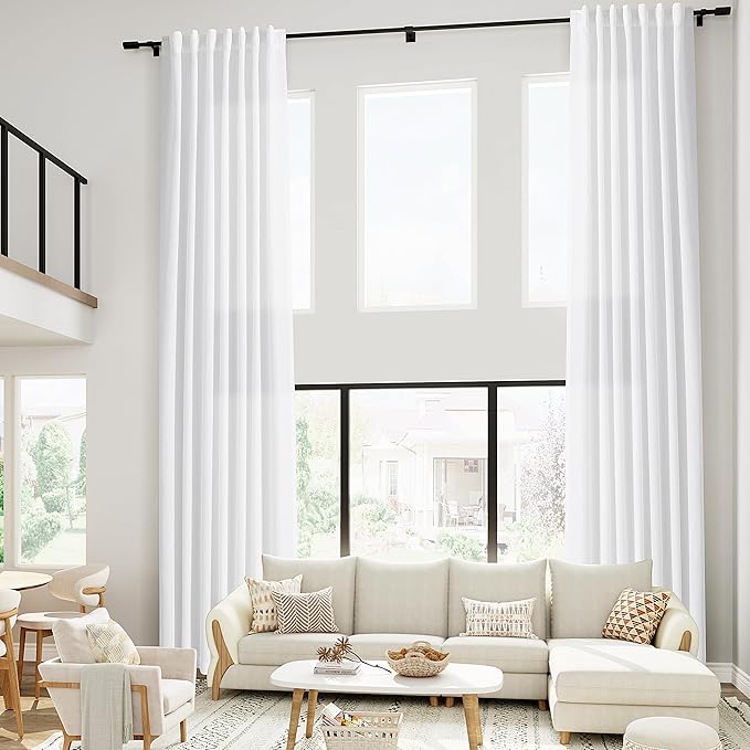 Nanspring Extra Long White Linen Curtains 240 Inch Length for Living Room 2 Panels Set Back Tab Drapes Light Filtering Semi Sheer Curtain for Floor to Ceiling Large Window Farmhouse Decor 52x240