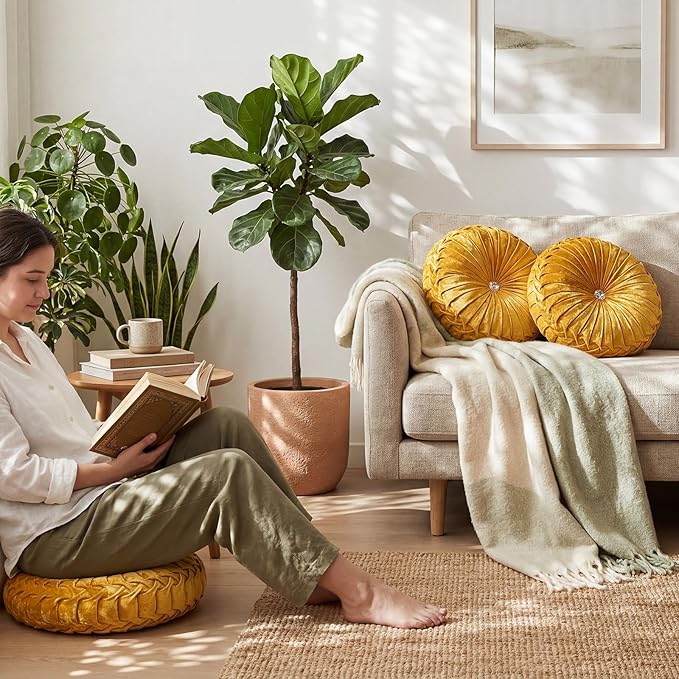Drydiet 1 Pcs Round Throw Velvet Pillows Decorative Pleated Throw Pillows 15'' Diameter Accent Pumpkin Boho Chair Cushion for Couch Sofa Home Decoration (Velvet Gold)