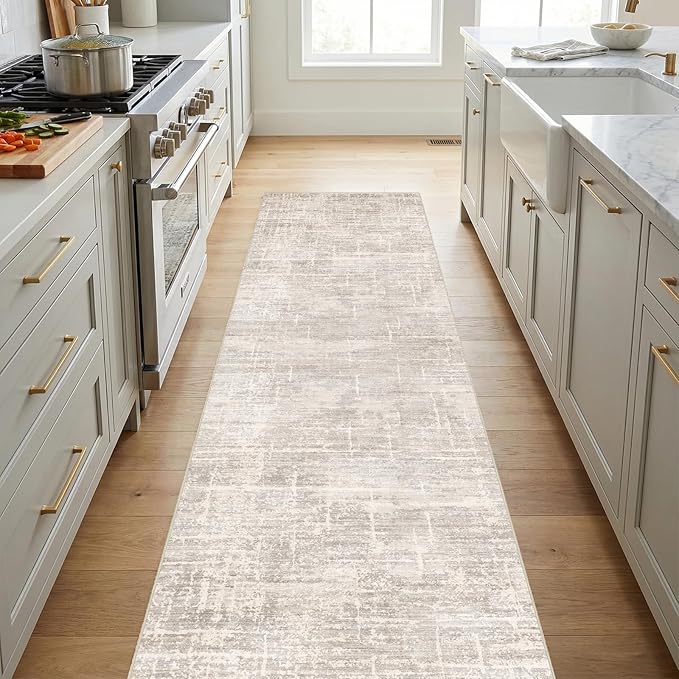 2x10 Washable Hallway Runner Rug - Modern Abstract Neutral Long Carpet with Non-Slip Backing Low-Pile Stain-Resistant Thin Runners for Kitchen Bathroom Bedroom Entryway (2x10, Beige)