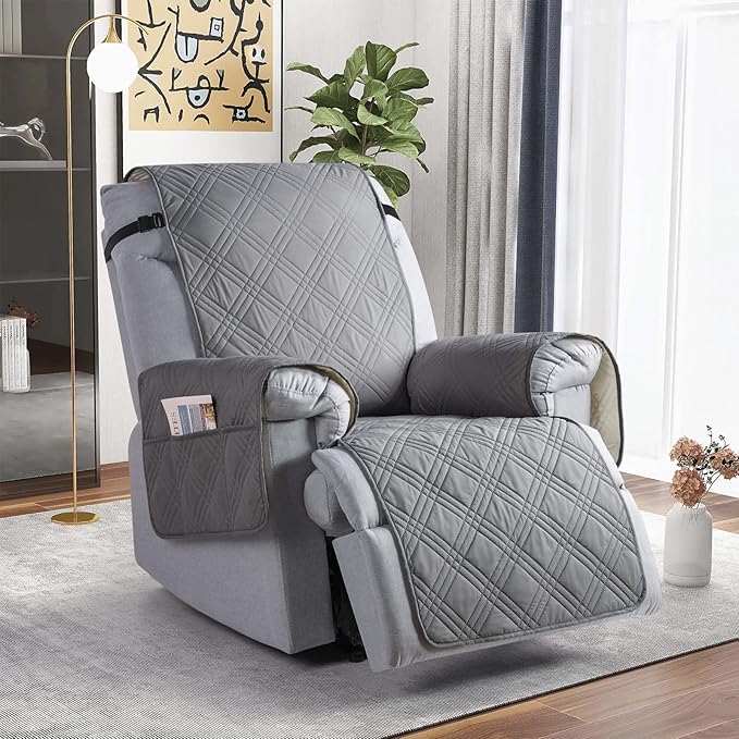 TAOCOCO 100% Waterproof Recliner Chair Covers, Non Slip Recliner Covers for Recliner Chair with Pocket, Washable Reclining Chair Cover Furniture Protector for Kids,Dogs(25'', Grey)