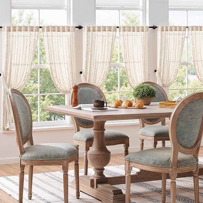 jinchan Winslow Linen Curtains 54 Inch Length Small Window Curtains Embroidered Bordered Floral Drapes Light Filtering for Bathroom Laundry Room Kitchen Farmhouse Decor White on Beige 2 Panels