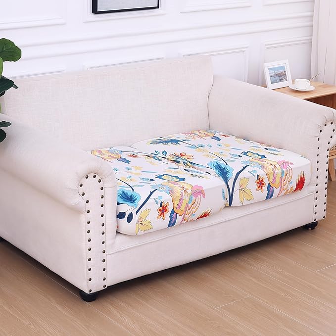 hyha Printed Couch Cushion Covers, Floral Sofa Covers Washable for 2 Cushion Couch, Stretch Pattern Outdoor Cushion Covers for Patio Furniture with Elastic Bottom(2 Packs, White Paisley)