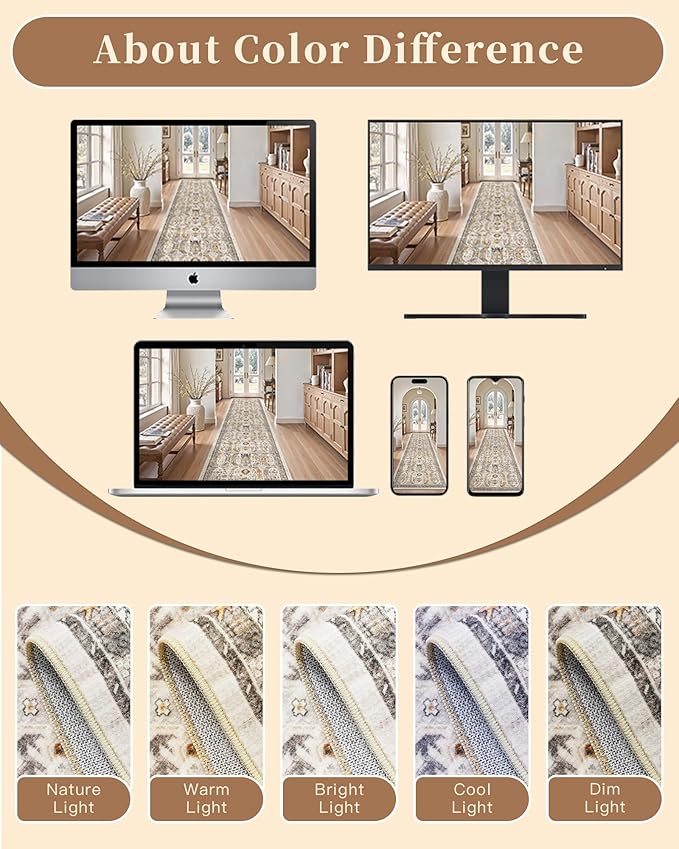 Madane Runner Rugs for Hallway 2x10 Long Washable Non-Slip Hallway Runner Rug Low-Pile Stair Kitchen Runner Throw Carpet for Entrance Living Dining Laundry Room (Brown/Gold, 2 x 10)