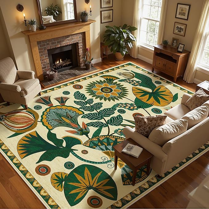 Joydeco Egypt Floral Boho 6x9 Area Rugs for Living Room, Beige Washable Bedroom Dining Room Rug Non Slip, Low Plie Vintage Soft Indoor Throw Carpet for Playroom Nursery Dorm Classroom