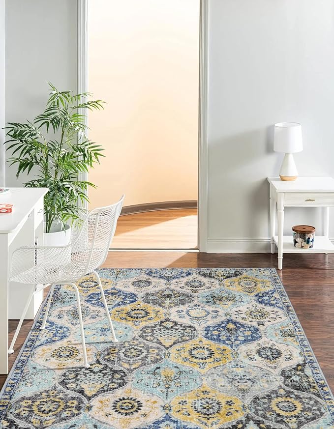 Lahome Moroccan Trellis Washable Small Area Rug, 3x5 Area Rug for Bedroom Living Room, Non-Slip Oriental Throw Carpet for Kitchen Office Entryway Bathroom Office Elise, Yellow/Aqua